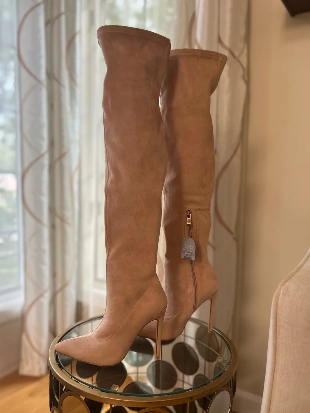 Stiletto Over-the-Knee Boots in Blush Beige  Suede